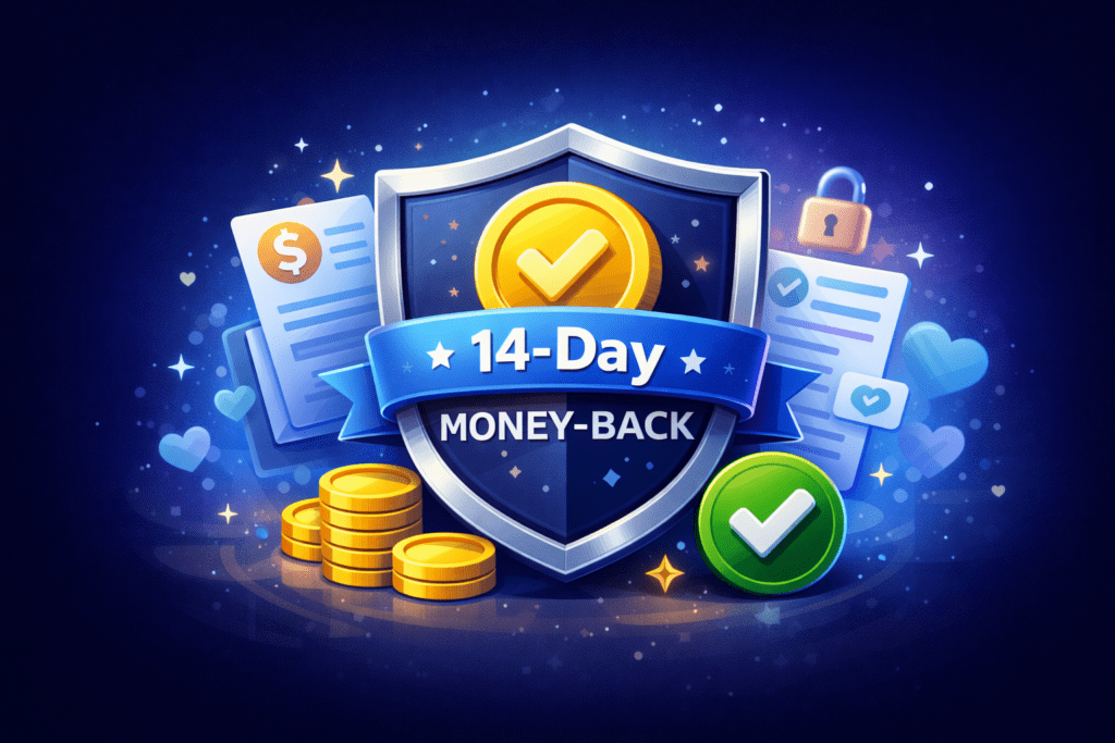 Illustration representing a 14-day money-back guarantee for a software platform, highlighting risk-free access and customer protection