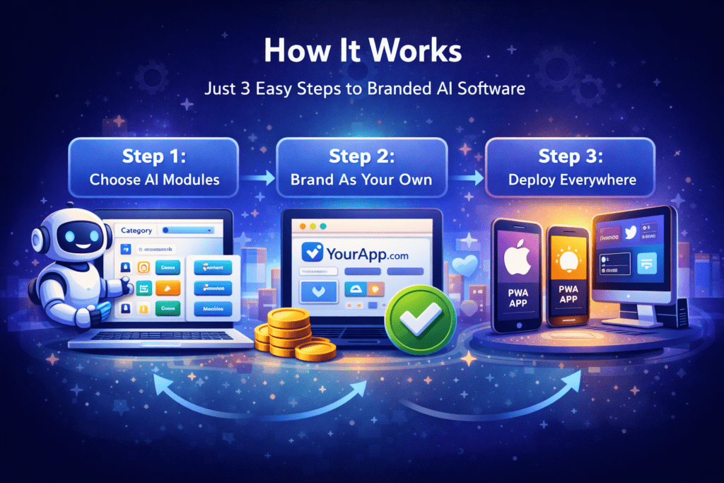 Illustration showing the step-by-step process of creating, branding, and deploying an AI software application across web, mobile, and desktop platforms