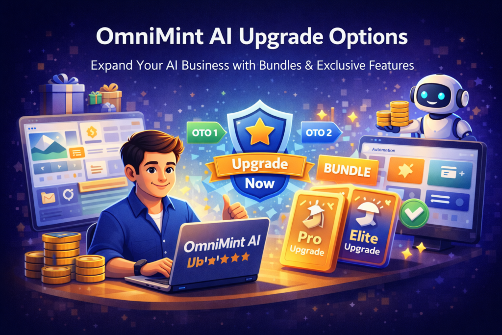 Illustration highlighting upgrade features and expansion options for an AI software platform, including scaling, monetization, and advanced tools